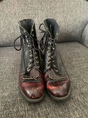 Vintage Lace-Up Two-Tone Black and Burgundy Kiltie Ankle Boots